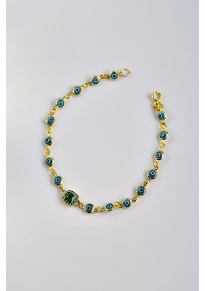 925 Ayar Gümüş Kaplama Cam Göz Nazar Boncuklu Yeşim Baget Taşlı Bileklik