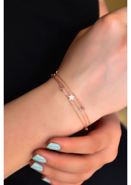 925 Ayar Gümüş Kaplama Pembe Taşlı Yıldız Zincir Bileklik