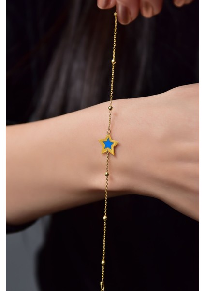 925 Ayar Gümüş Kaplama Top Zincirli Rüya Serisi Ebruli Cam Boyalı Yıldız Bileklik