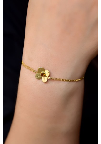 925 Ayar Gümüş Kaplama Kasım Ayı Doğum Taşlı Şans Dört Yapraklı Yonca Bileklik