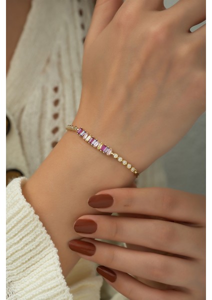 925 Ayar Gümüş Kaplama Zirkon Taşlı Baget Sıralı Taşlı Su Yolu Bileklik fiyatları