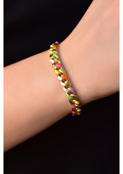 925 Ayar Gümüş Altın Kaplama Renkli Mineli Gurmet Zincir Bileklik