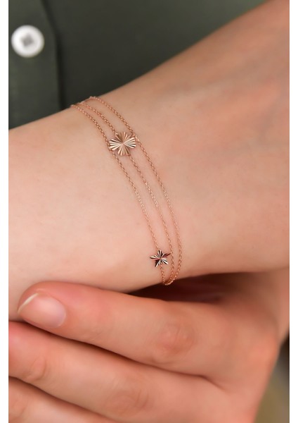 925 Ayar Gümüş Kaplama Tek Yonca Iki Yıldız Kristal Kesim Üç Zincir Bileklik