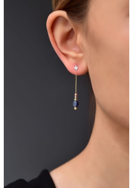 925 Ayar Gümüş Üç Renkli Dorika ve Lacivert Toplu Tektaş Zincir Küpe