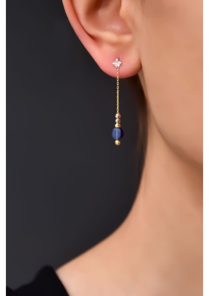 925 Ayar Gümüş Üç Renkli Dorika ve Lacivert Toplu Tektaş Zincir Küpe fiyatları