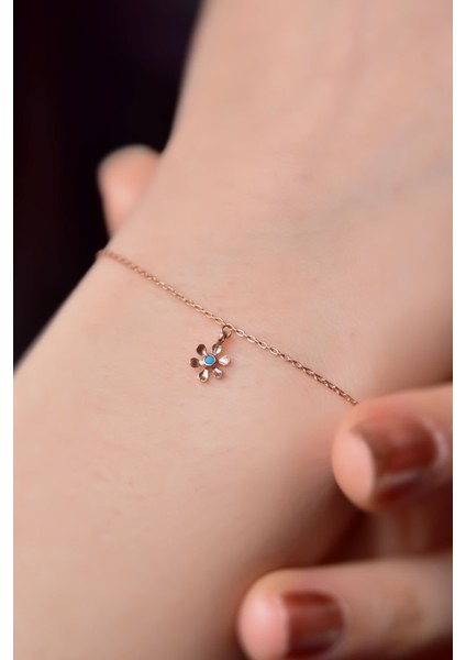 925 Ayar Gümüş Kaplama Firuze Taşlı Mini Papatya Bileklik