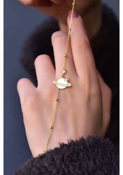 925 Ayar Gümüş Kaplama Top Zincirli, Beyaz Mineli Gezegen Bileklik