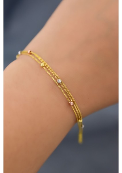 925 Ayar Gümüş Üç Renk Dorika Toplu 3 Zincir Bileklik