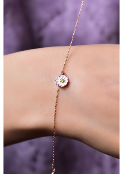 925 Ayar Gümüş Kaplama Zirkon Taşlı, Mineli Mini Papatya Bileklik