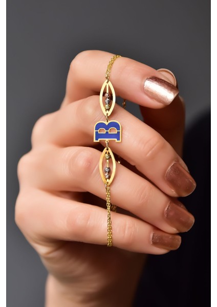 925 Ayar Gümüş Dorika Toplu Parlayan Rüya Serisi Ebruli Cam Boyalı Lacivert Harfi Bileklik