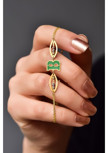 925 Ayar Gümüş Kaplama Dorika Toplu Parlayan Rüya Serisi Ebruli Cam Boyalı Yeşil Harfi Bileklik