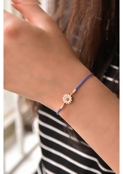 925 Ayar Gümüş Kaplama Mavi Ipli Asansörlü Papatya Bileklik