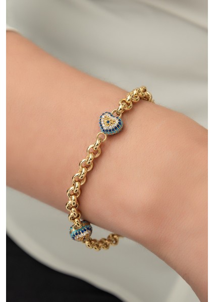 Nazar Bileklik - Firuze ve Nano Zirkon Taşlı Üç Nazar Kalpli 14 Ayar Kaplama Zincir Bileklik