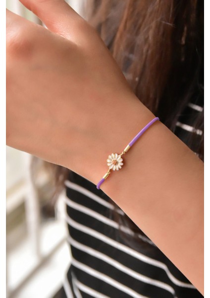 925 Ayar Gümüş Kaplama Mor Ipli Asansörlü Papatya Bileklik