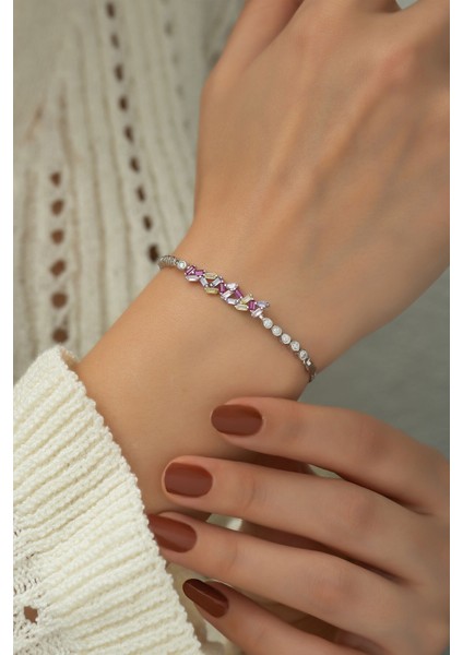 925 Ayar Kaplama Renkli Baget Taşlı Gümüş Bileklik