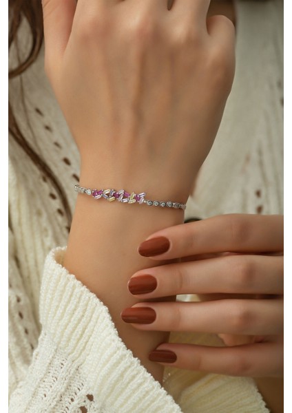 925 Ayar Kaplama Renkli Baget Taşlı Gümüş Bileklik fiyatları