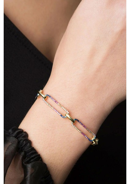 925 Ayar Renkli Taşlı Halka Geçişli Gümüş Bileklik