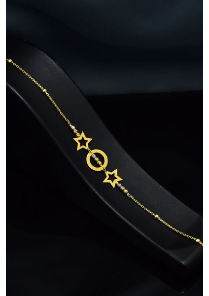 925 Ayar Gümüş Kaplama Üç Renk Dorika Toplu Yıldız ve Çember Bileklik