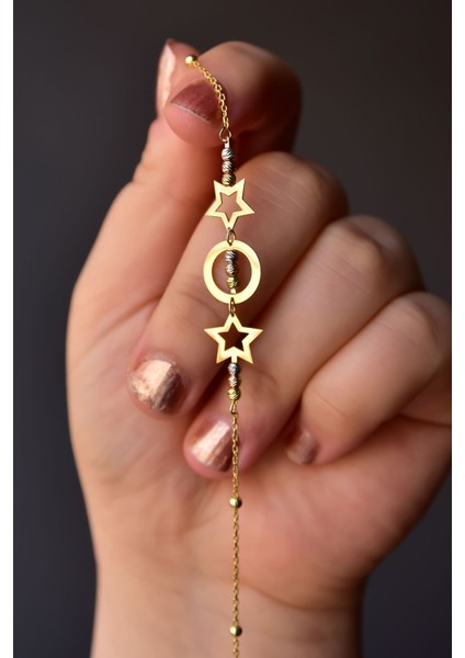 925 Ayar Gümüş Kaplama Üç Renk Dorika Toplu Yıldız ve Çember Bileklik fiyatları