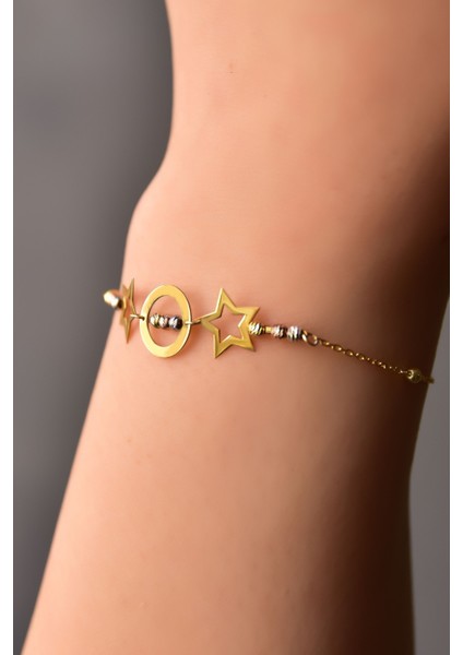 925 Ayar Gümüş Kaplama Üç Renk Dorika Toplu Yıldız ve Çember Bileklik modelleri