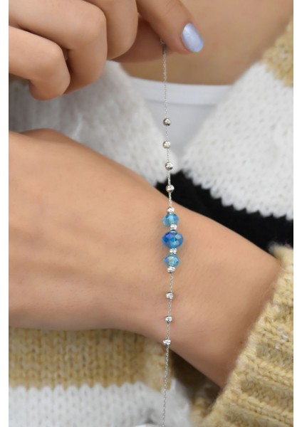 925 Ayar Gümüş Kaplama Dorika Toplu Mavi Renkli Doğal Taşlı Bileklik