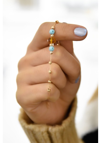 925 Ayar Gümüş Kaplama Dorika Toplu Mavi ve Bal Renkli Doğal Taşlı Bileklik