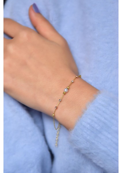 925 Ayar Gümüş Üç Renk Kaplama Dorika Toplu Incili Kadın Bileklik