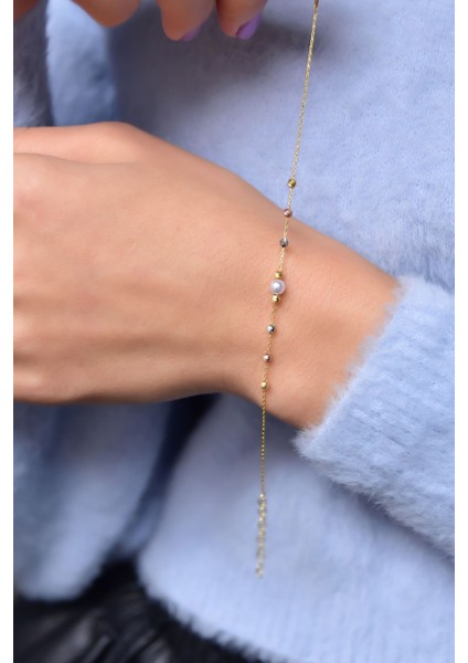 925 Ayar Gümüş Üç Renk Kaplama Dorika Toplu Incili Kadın Bileklik fiyatları