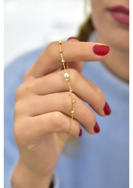 925 Ayar Gümüş Üç Renk Kaplama Dorika Toplu Incili Kadın Bileklik modelleri