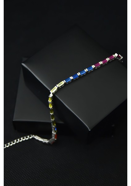 925 Ayar Gümüş Kaplama Renkli Taşlı Baget Bileklik
