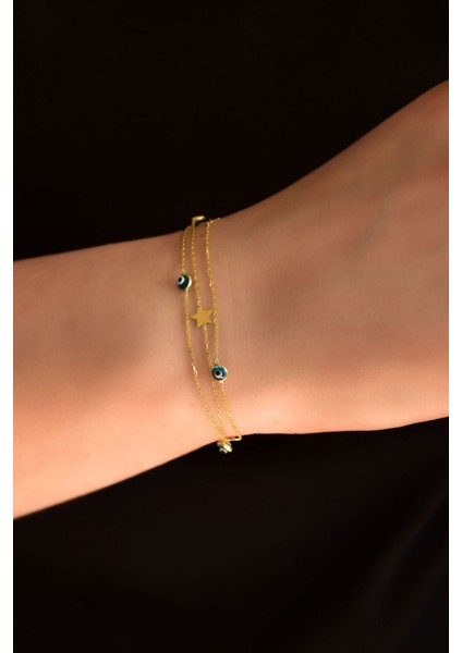 925 Ayar Gümüş Kaplama Mavi Gözlü Mine Yıldız Zincir Bileklik
