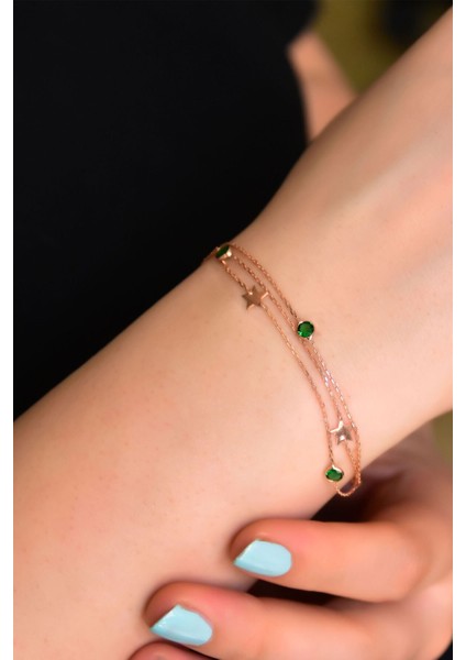 925 Ayar Gümüş Kaplama Yeşil Taşlı Yıldız Zincir Bileklik