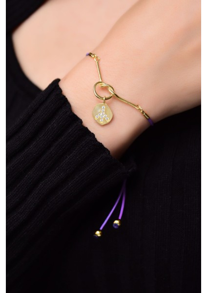 925 Ayar Gümüş Kaplama Mor Ipli Taşlı Barış Sembolü Kadın Bileklik