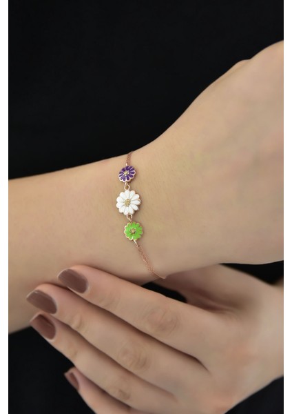 925 Ayar Gümüş Kaplama 3 Renk Mineli Papatya Bileklik