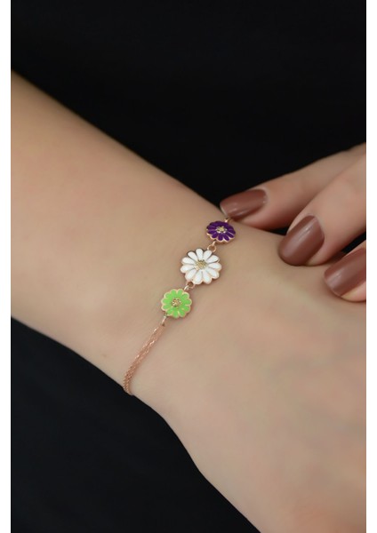 925 Ayar Gümüş Kaplama 3 Renk Mineli Papatya Bileklik fiyatları