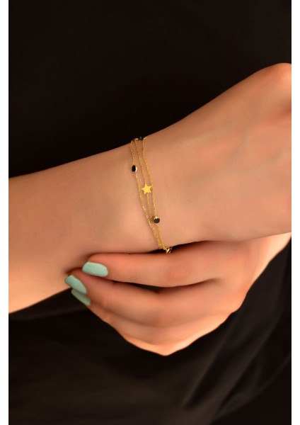 925 Ayar Gümüş Kaplama Siyah Taşlı Yıldız Zincir Bileklik