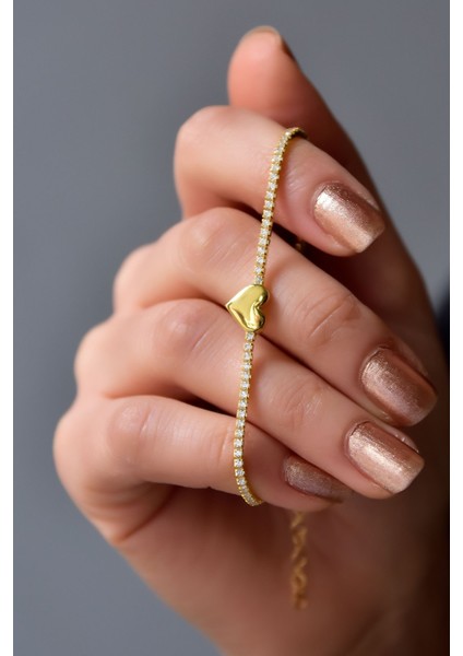 925 Ayar Gümüş Kaplama Zirkon Taşlı Su Yolu Kalp Bileklik