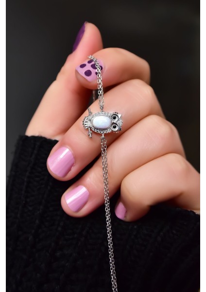 925 Ayar Gümüş Kaplama Beyaz Opal Baykuş Bileklik