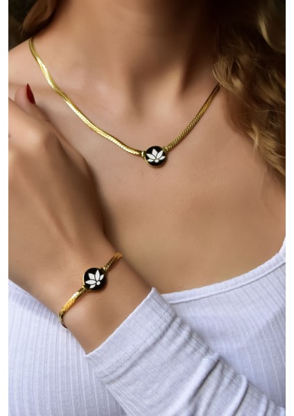 925 Ayar Kaplama Mineli Lotus Çiçeği Yassı Zincir Kolye-Bileklik Set