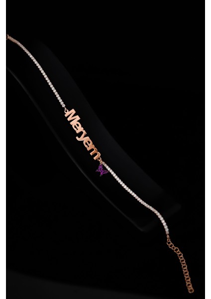 925 Ayar Gümüş Kaplama Zirkon Taşlı Su Yolu, Fuşya Kelebekli Isimli Bileklik