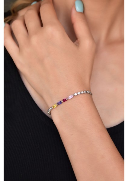 925 Ayar Gümüş Kaplama Renkli Taşlı Baget Asansör Bileklik
