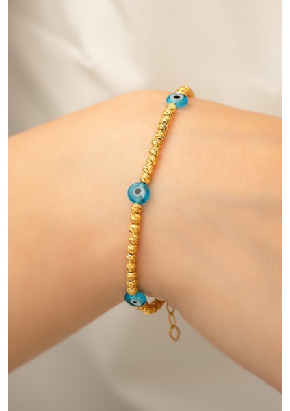 Üç Nazar Gözü Toplu Dorica Toplu Fantezi Bileklik 14 Ayar Kaplama 925 Ayar Gümüş