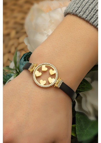 Deri Kordonlu Zirkon Halka Beş Kalpli Aile Bileklik Kaplama 925 Ayar Gümüş