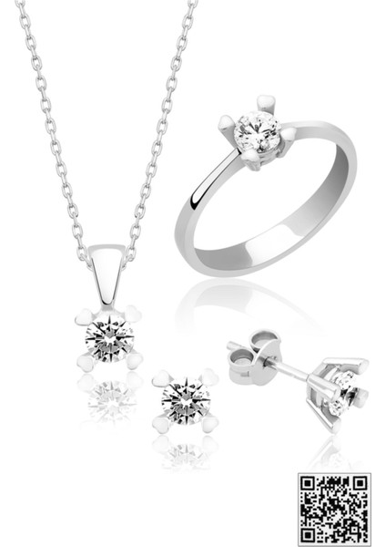 Swarovski® Tektaş Set - Yüzük Kolye Küpe - Rodyum Kaplama 925 Ayar Gümüş