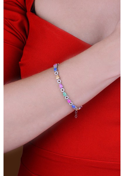 925 Ayar Gümüş Sıralı Yuvarlak ve Damla Taşlı Bileklik