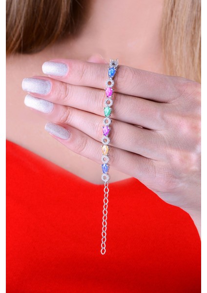 925 Ayar Gümüş Sıralı Yuvarlak ve Damla Taşlı Bileklik fiyatları