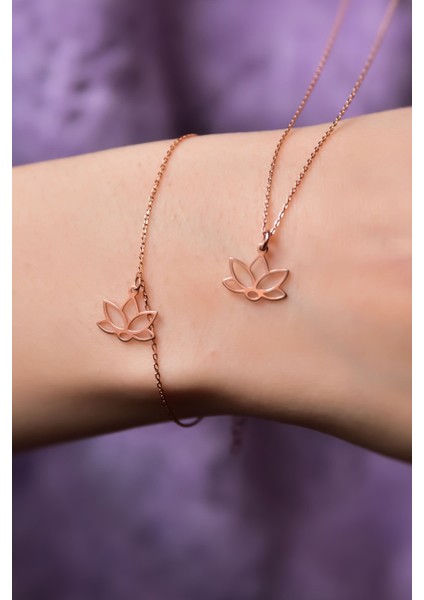 925 Ayar Gümüş Kaplama Lotus Çiçeği Kolye ve Bileklik Set