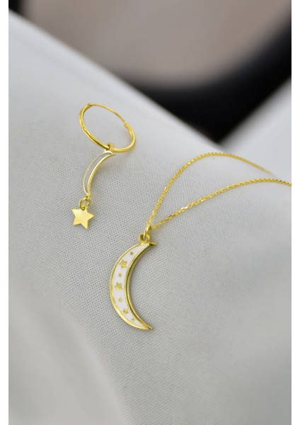 925 Ayar Gümüş Kaplama Yıldızlı Hilal Kolye, Ay Yıldız Halka Küpe