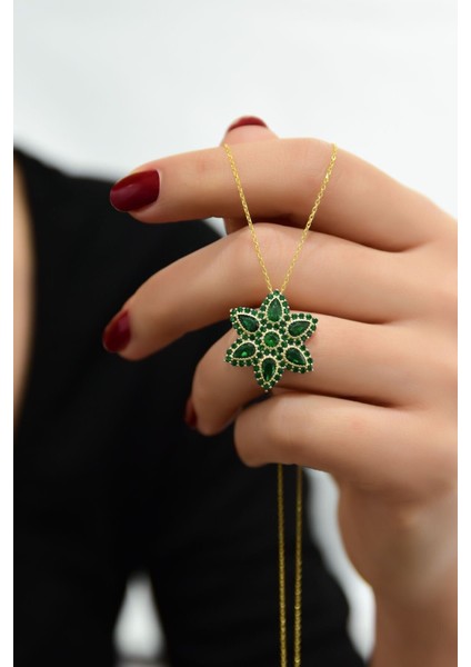 925 Ayar Gümüş Gold Kaplama Yeşim Taşı Damla Lotus Kolye