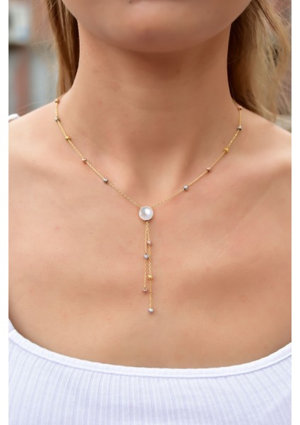 925 Ayar Gümüş Üç Renk Dorika Toplu Incili Kadın Kolye fiyatları